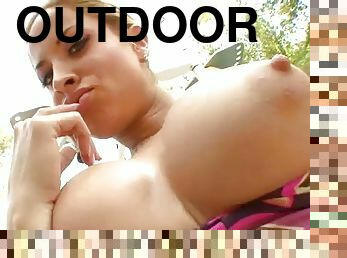 Outdoor sex for busty oiled babe