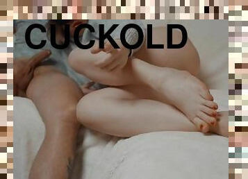 Cuckold humiliation, lick feet, suck lover's cock and eat his cum