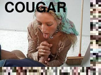 Wild cougar with big natural tits playing with a stranger's cock