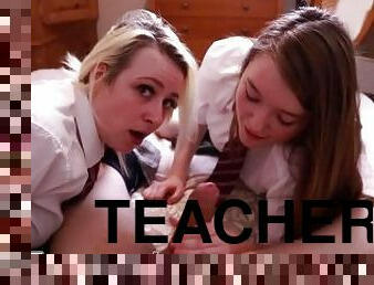 Two 18 Year Olds In Uniform Give Their Teacher A Blowjob And Snowball The Cum