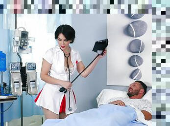 Aroused brunette nurse treats ill patient with something out of this world