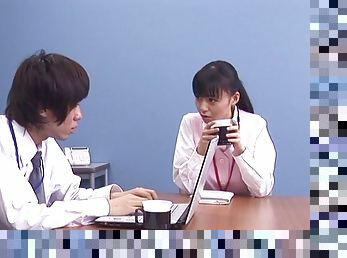 Raven haired Japanese babe delivers a steamy handjob in this office scene