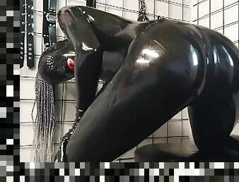 Blowjob in full black latex enclosure and perforated hood #122