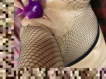 Ebony Goth in Fishnets takes werewolf bad dragon dildo