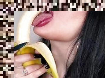 Alison Beth sucking banana with piercing long tongue