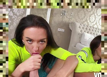 Two Hot Brunettes Giving Double Blowjob To Their Sugar Daddies