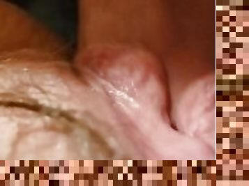 Close up of hard cock in her hairy wet pussy