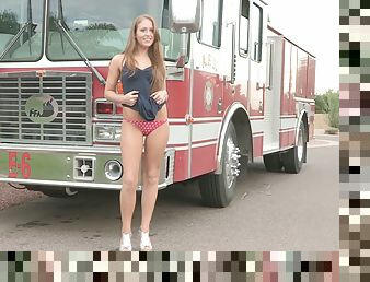 Red Hot Amateur Naked Outdoors on a Firetruck