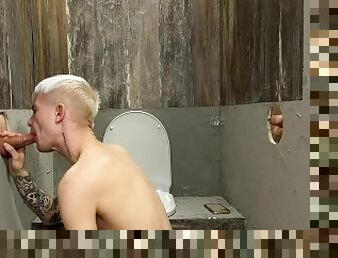 Young, tattooed twink gave himself up to strangers in the toilet cabin