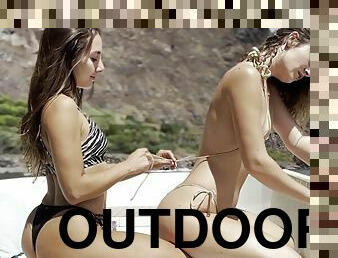 Outdoor lesbian threesome with Ana B and Candice Demellza