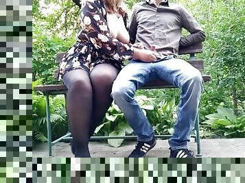 The adventures of a dirty milf in pantyhose in the park on a bench
