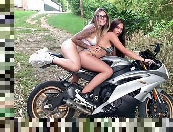Sara And Her Friend Get Horny With Motorcycle And Have An Orgasm