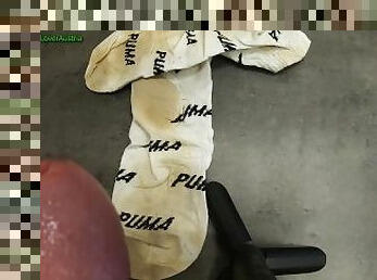 Cumshot on worn white Puma Socks