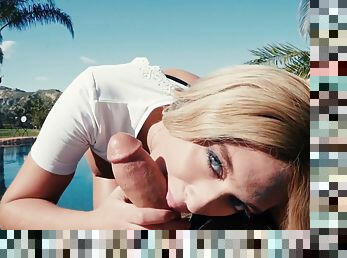 Blonde hottie Athena Palomino pleases horny dude by the pool