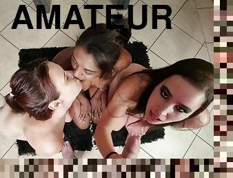 3 Small Titted Sluts Sucking And Jerking Off One Lucky Guys Cock Until They Get Cum On Their Faces