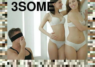Blindfolded guy eventually joins this threesome