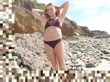 Petite maid visits the beach only to get completely naughty there