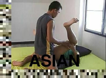 Slim Asian cocksucker anally rammed in an indoor duet