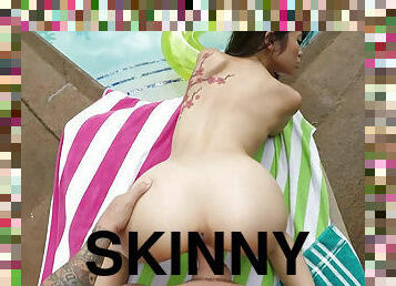 Skinny asian love doll Vina Sky having sex with her boyfriend by the pool