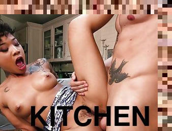 Honey Gold sucks cock & bends over the kitchen counter for a hard fuck