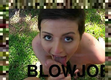 Teen Winter Kingston giving a blowjob outside