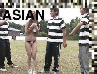 Young Asian babe with hairy snatch gangbanged outdoors