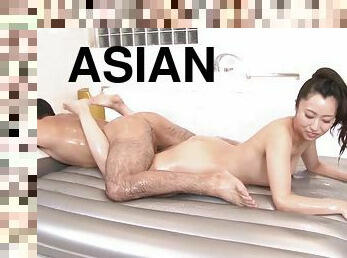 Tiny Asian with natural tits & hairy pussy lubed up & fucked