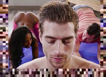 Flexible ebony yoga freak Sarah Banks fucked tight in threesome after workout
