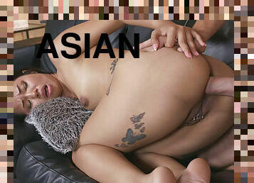 Asian chick with pierced twat and trained asshole gets assfucked