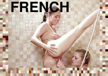 Lesbos french kissing while sprinkling