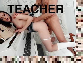 A piano teacher seduces a cute young girl in short plaid skirt