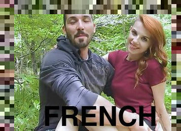 Redhead French gf blows dick in the woods