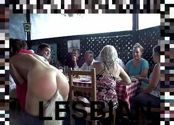 Lesbians nailing in public restaurant