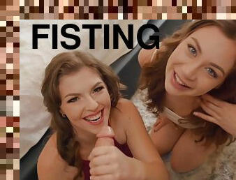 Kinky cameraman fucks two bisexual babes on camera