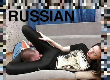 Scissors face sitting in leggings. Russian