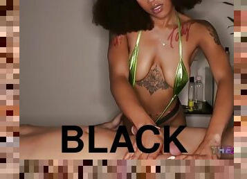 Black masseuse inked babe in bikini jerks client cock 4 free