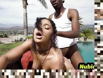 BANGBROS - Oiled Up Ebony Medium Tits Babe Fucked By BBC Outdoors By The Pool