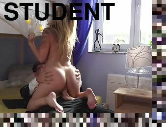 A college slut rewards a virgin for being a good student by fucking him