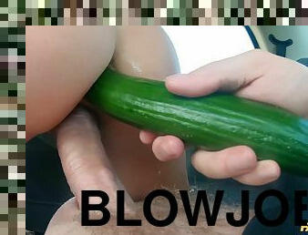 Cucumber and big cock for Amber's anal hole