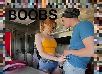 Redhead Scarlett Jones with big boobs gets fucked in the kitchen