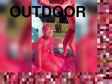 Dirty outdoors lesbian sex between sluts Abbie Maley and Riley Reid