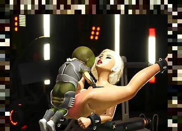 Hot sex with alien. A sexy blonde has crazy fuck with a green alien in a spaceship