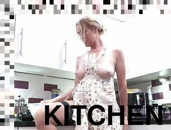 Solo Jade wearing nylon stockings fingering her puss in the kitchen