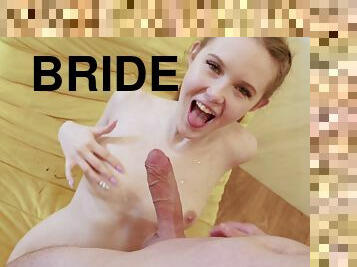 Escaped Bride receives cum in mouth and swallows it after sex