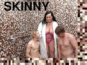 Skinny guys team up to pleasure horny matures Victoria Daniels & Inna