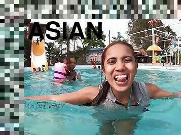 asiatisk, badning, amatør, teenager, par, thailænder, kæreste-kvindlig, liderlig, pool, bruser