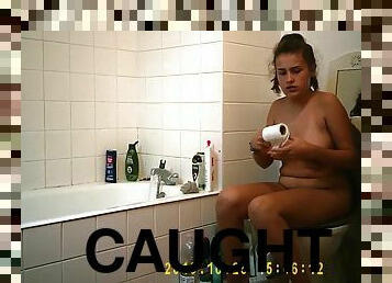 Cute teen gets caught on a toilet and in bath