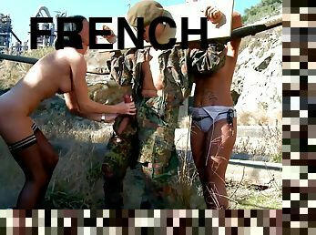 French 2 femdom ladys fuck threesome a solider outdoor with anal