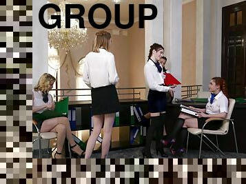 Group lesbian fingering in the office with Eva Red & Nansy Small