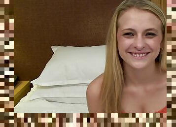 Watch this nervous blonde 18 yr old star in her first fuck video